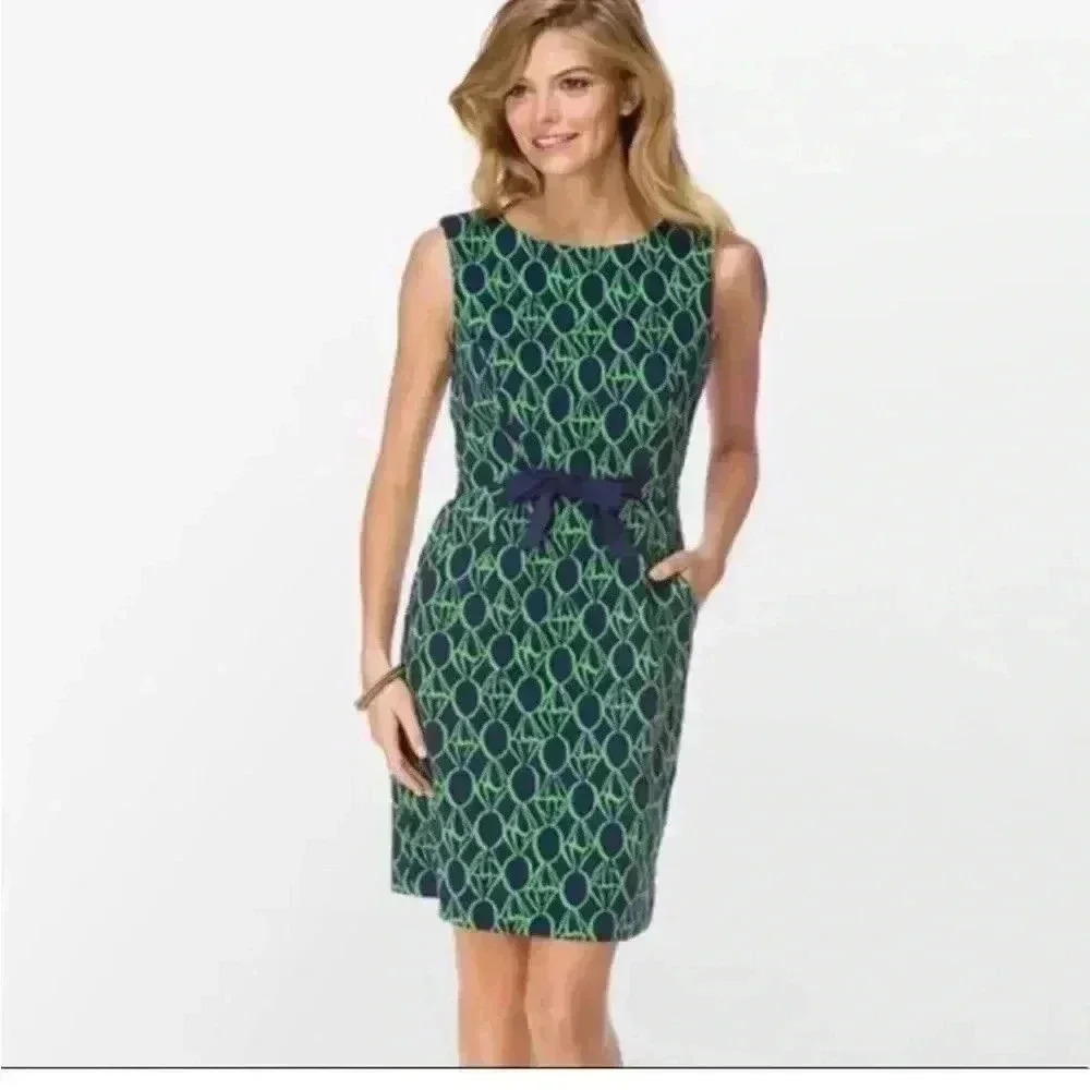 Lilly Pulitzer Green Navy Geometric Trellis Bow Shift Dress Fall Wedding Guest